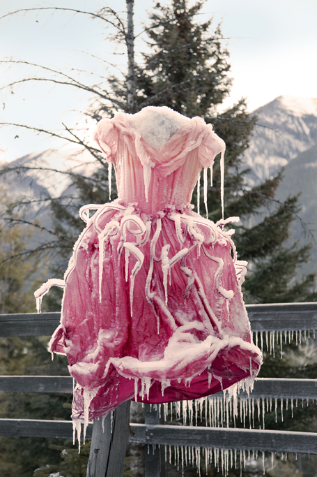 Garments were frozen individually and then assembled into one large sculpture